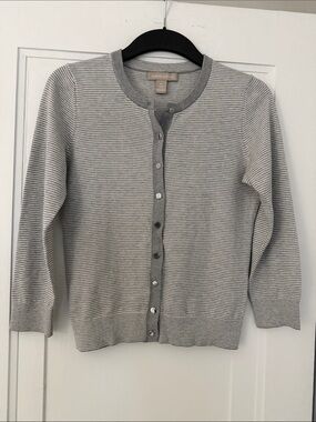 Banana Republic Gray & White Striped Crewneck Cardigan